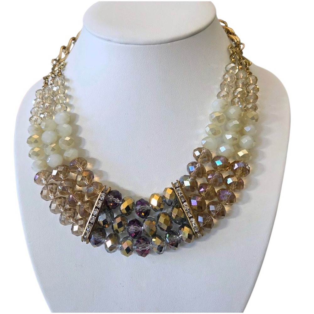 Champagne Tones Multi-Strand Gemstone Necklace Faceted Beaded Layered 3 Strand